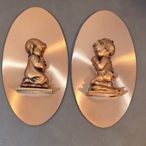 Copperama Plaques Praying Boy Girl Kids signed by Victor Wall Art Set of 2